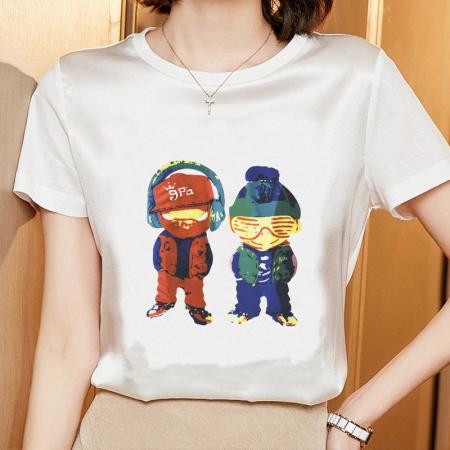 PF2146#夏季真丝短袖T恤女宽松大码桑蚕丝百搭内搭印花韩版显瘦上衣