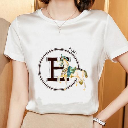 PF2147#夏季真丝短袖T恤女宽松大码桑蚕丝百搭内搭印花韩版显瘦上衣