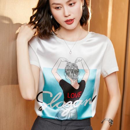 PF2148#夏季真丝短袖T恤女宽松大码桑蚕丝百搭内搭印花韩版显瘦上衣