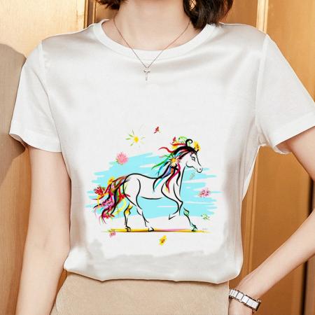 PF2149#夏季真丝短袖T恤女宽松大码桑蚕丝百搭内搭印花韩版显瘦上衣