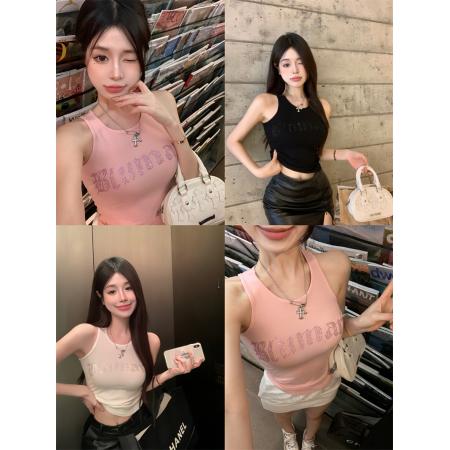 PF2153#闪亮字母水钻无袖紧身显瘦背心休闲百搭夏季吊带上衣