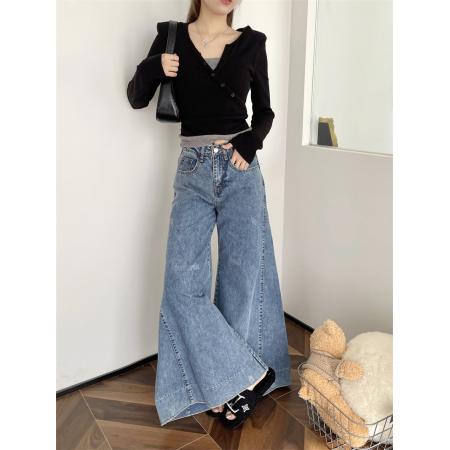 PF2155#高腰显瘦复古气质阔腿大喇叭牛仔裤女长裤