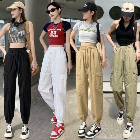 PF2184#夏薄款洗水棉高腰宽松休闲工装裤韩版百搭显瘦九分束脚哈伦裤