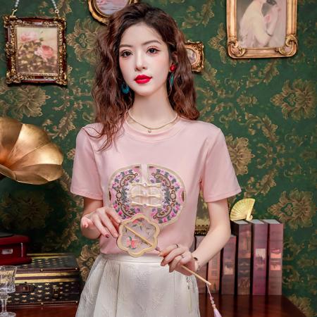 PF2194#新中式盘扣短袖t恤女2024夏季新款