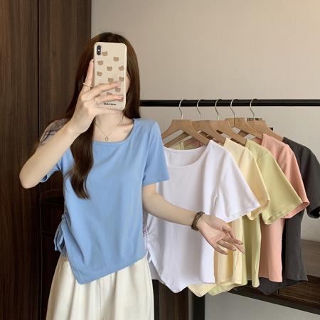 PF2210#夏装新款胖mm时尚百搭显瘦不对称下摆侧抽绳短袖T恤上衣
