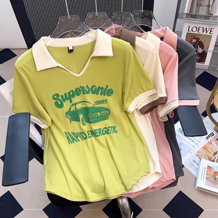 PF2211#夏新款胖mm时尚百搭小众老爷车海鸥领印花短袖T恤上衣潮