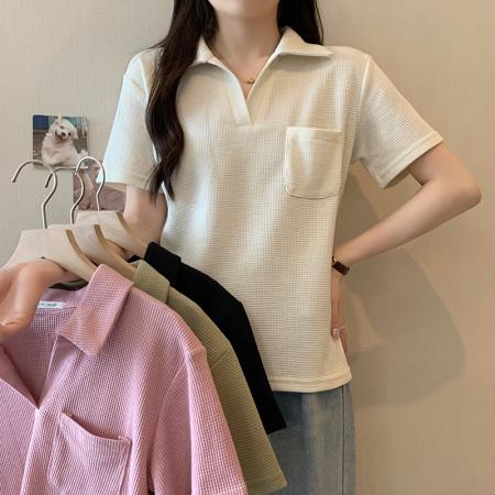 PF2213#夏装新款胖mm高级感翻领设计感百搭显瘦短袖T恤上衣