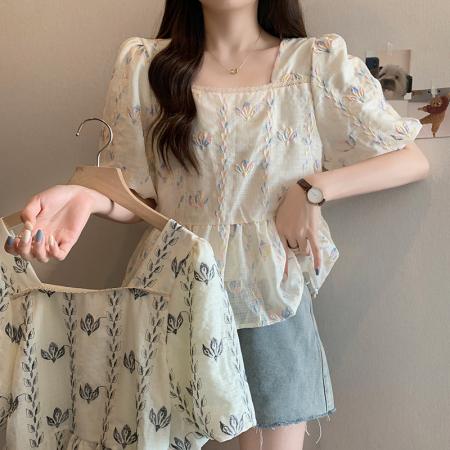 PF2214#新款胖mm大码女装方领蕾丝边刺绣温柔风短袖衬衣上衣