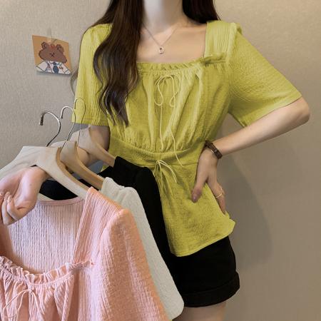 PF2216#新款胖mm高级感木耳花边系带心机设计感短袖小衫上衣