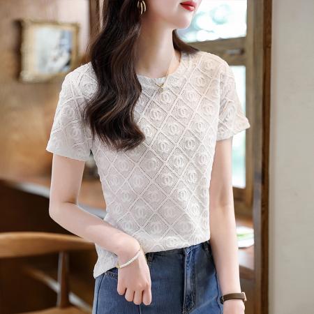 PF2219#夏季雪纺衫女短袖t恤白色提花蕾丝衫气质短款上衣
