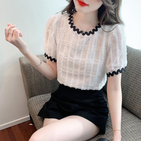 PF2222#蕾丝泡泡袖衬衣女欧洲站夏装 欧货时尚洋气韩版小衫潮