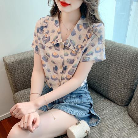 PF2223#夏季翻领短袖雪纺衫法式复古褶皱短款印花衬衫女小衫