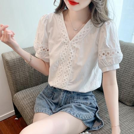 PF2224#复古气质雪纺衫蕾丝钩花镂空泡泡袖小衫衬衣女