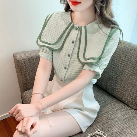 PF2225#韩国chic撞色衬衫气质双层领海军风设计感上衣女