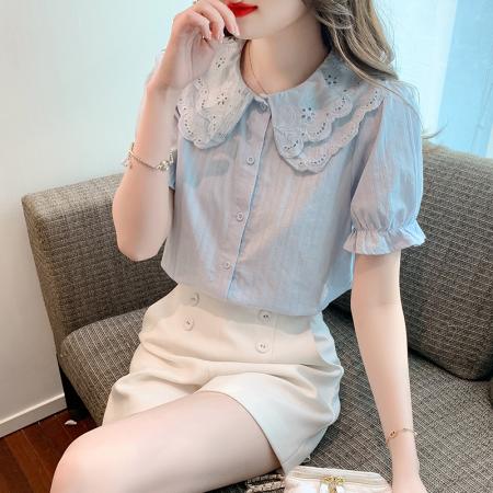 PF2226#娃娃领衬衣洋气短袖衬衫显瘦雪纺小衫上衣女
