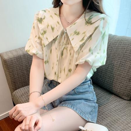 PF2227#翻领印花雪纺衫蝴蝶结系带衬衫甜美清新上衣女