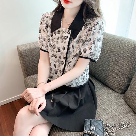 PF2228#复古玫瑰碎花衬衫女夏季显瘦韩版双排扣小个子娃娃领上衣