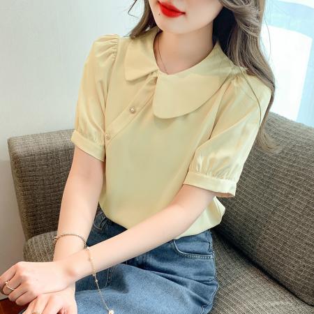 PF2229#中国风复古盘扣雪纺衫设计感娃娃领短袖衬衫女