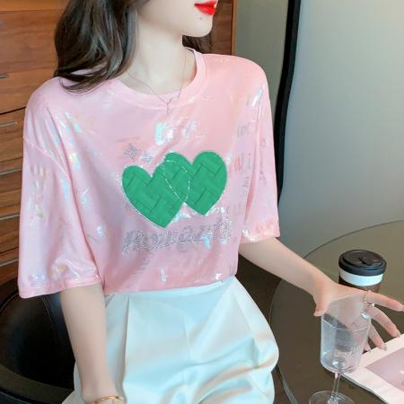 PF2231#宽松休闲重工炫彩烫钻短袖Ｔ恤设计感小众别致圆领上衣女