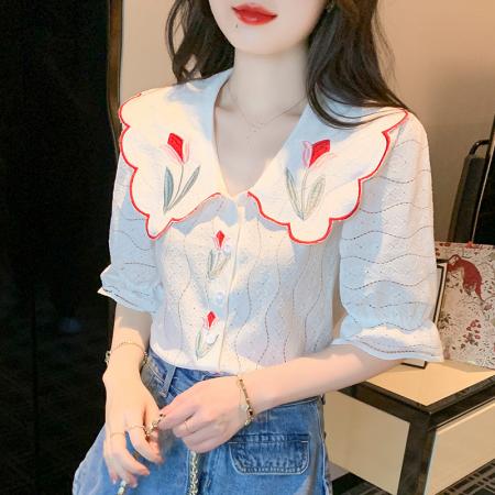 PF2232#法式蕾丝衫郁金香绣花娃娃领衬衫设计感小众上衣