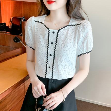 PF2233#短袖蕾丝衫设计感小众显瘦上衣气质百搭镂空衬衣女