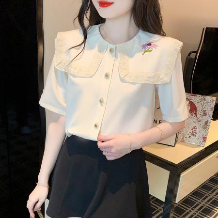 PF2234#小雏菊刺绣短袖衬衫法式蕾丝花边大翻领雪纺衫女上衣