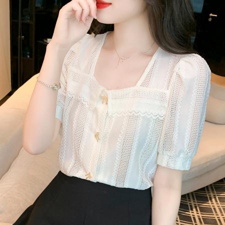 PF2235#法式公主风蕾丝衫镂空蝴蝶结衬衫方领纽扣减龄上衣女