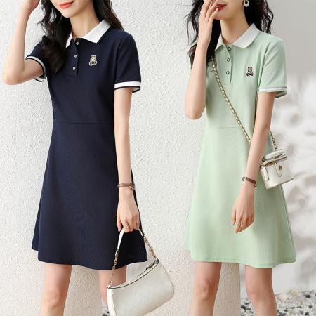 PF2247#新款休闲百搭POLO领短袖套头A字裙针织大码连衣裙女