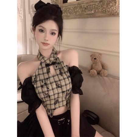 PF2259#新中式纯欲风蝴蝶印花格子拼接短袖衬衫上衣