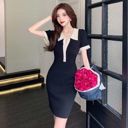 PF2274#新款美式辣妹Polo领连衣裙收腰显瘦短袖修身包臀裙设计感