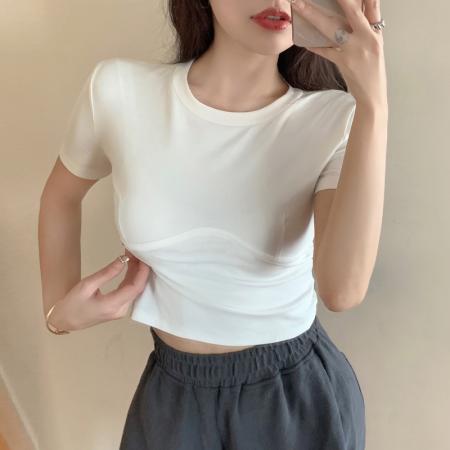 PF2283#纯欲风圆领短袖正肩T恤夏季新款修身显瘦百搭短款辣妹上衣女