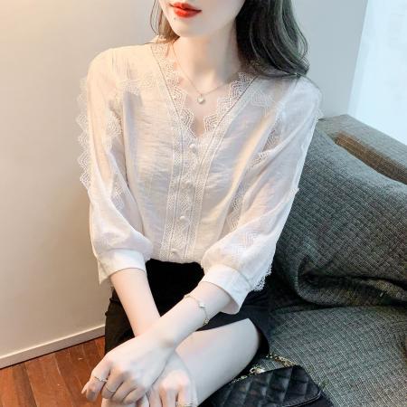 PF2288#新款白色七分袖蕾丝拼接雪纺衫衬衫气质V领上衣女