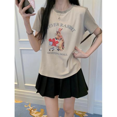 PF2289#大码美式复古T恤女夏季印花圆领打底衫百搭短袖上衣ins潮