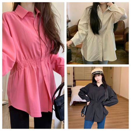 PF2290#温柔风收腰衬衫女春季大码宽松显瘦衬衣叠穿长袖上衣