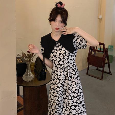 PF2297#新款夏季法式复古娃娃领连衣裙泡泡袖宽松高腰碎花长裙