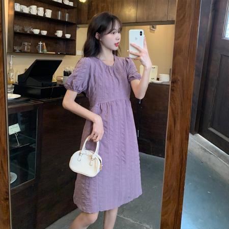 PF2300#新款法式连衣裙女蝴蝶结系带收腰褶皱甜美长裙