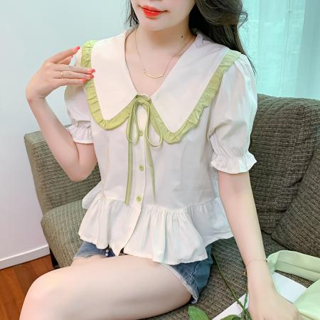 PF2308#娃娃领别致短袖衬衫2024夏新款甜美小衫