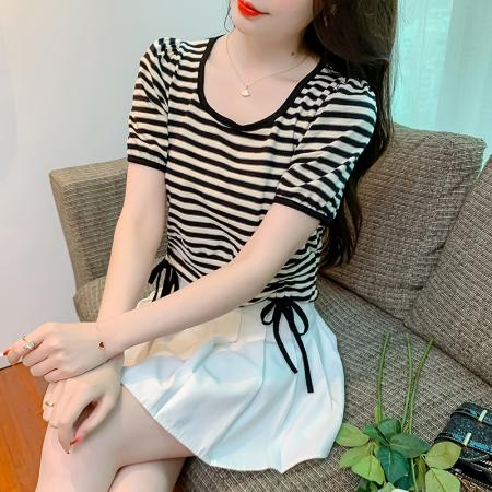 PF2310#条纹 夏季新款T恤小衫抽绳显瘦设计感短袖女衫
