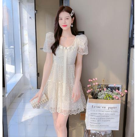 PF2324#泡泡袖银河系花卉蕾丝V领水晶蝴蝶结连衣裙