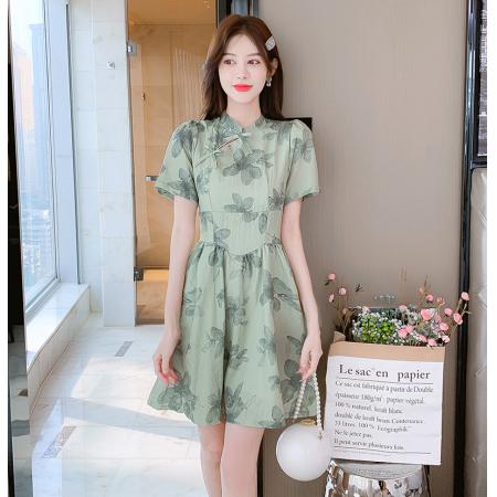 PF2326#碎花改良旗袍裙春夏新款复古小众设计感时尚收腰小清新绿色连衣裙