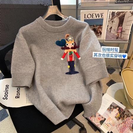 PF2372#灰色针织短袖t恤女 新款重工玩偶设计感洋气欧货慵懒上衣