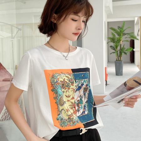 PF2377#夏季真丝短袖T恤女宽松大码桑蚕丝百搭内搭印花韩版显瘦上衣