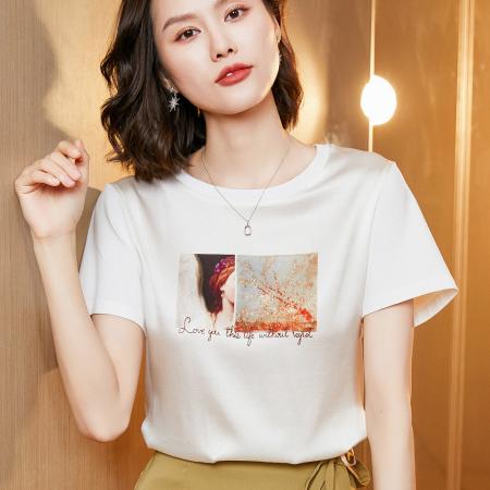 PF2381#夏季真丝短袖T恤女宽松大码桑蚕丝百搭内搭印花韩版显瘦上衣