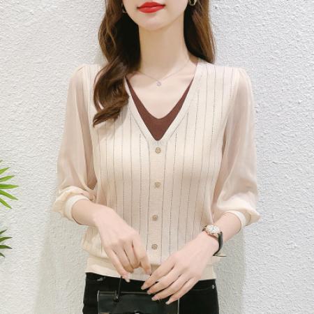 PF2383#中袖七分袖上衣女 夏季新款v领打底衫早春冰丝针织衫薄款