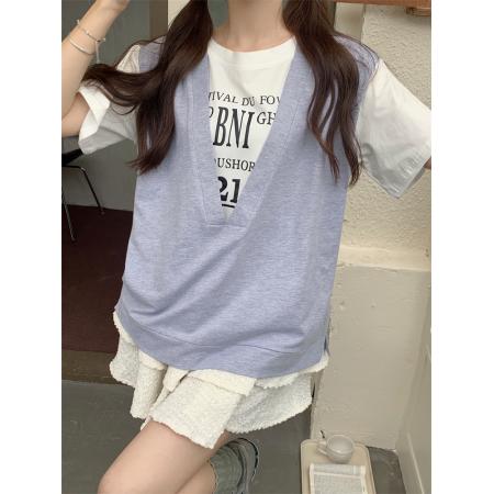 PF2395#大码女装字母印花短袖假两件宽松休闲百搭T恤上衣