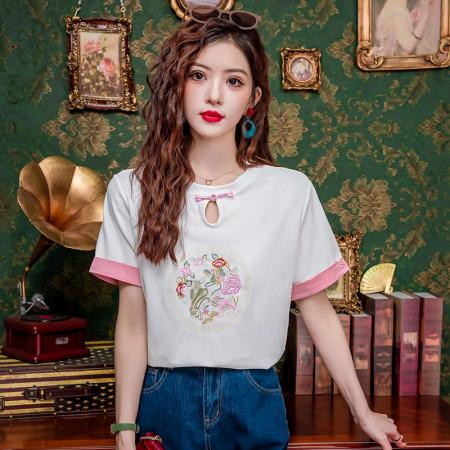 PF2419#国风重工刺绣设计感拼接短袖好看甜美别致大气盘扣中式T恤上衣女