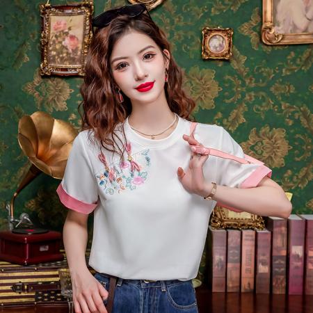 PF2420#国风重工刺绣盘扣圆领短袖T恤女上衣设计感绣花中式百搭修身上衣
