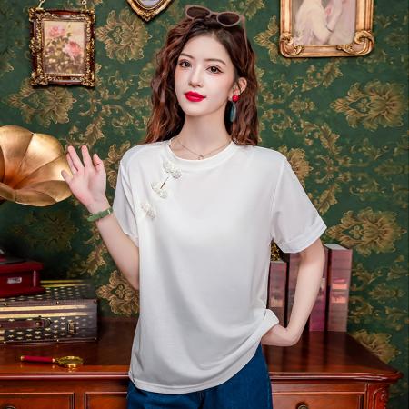 PF2421#新中式国风钉珠盘扣白色T恤女夏设计感大气高级显瘦小众上衣女