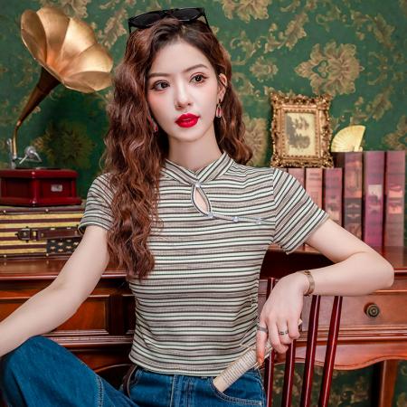 PF2423#新中式国风条纹短袖 T恤女新款正肩简约韩版百搭休闲套头设计感