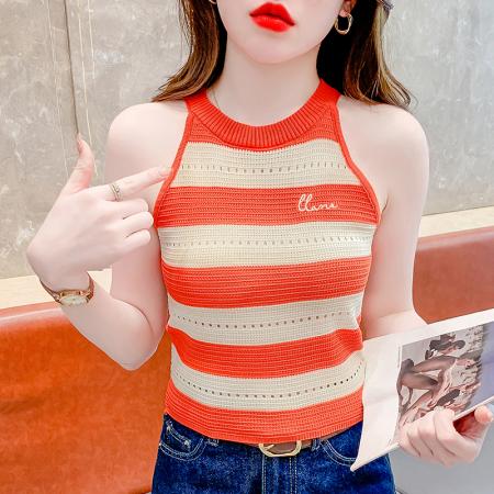 PF2426#法式复古条纹背心女夏季休闲外穿修身无袖短款上衣女
